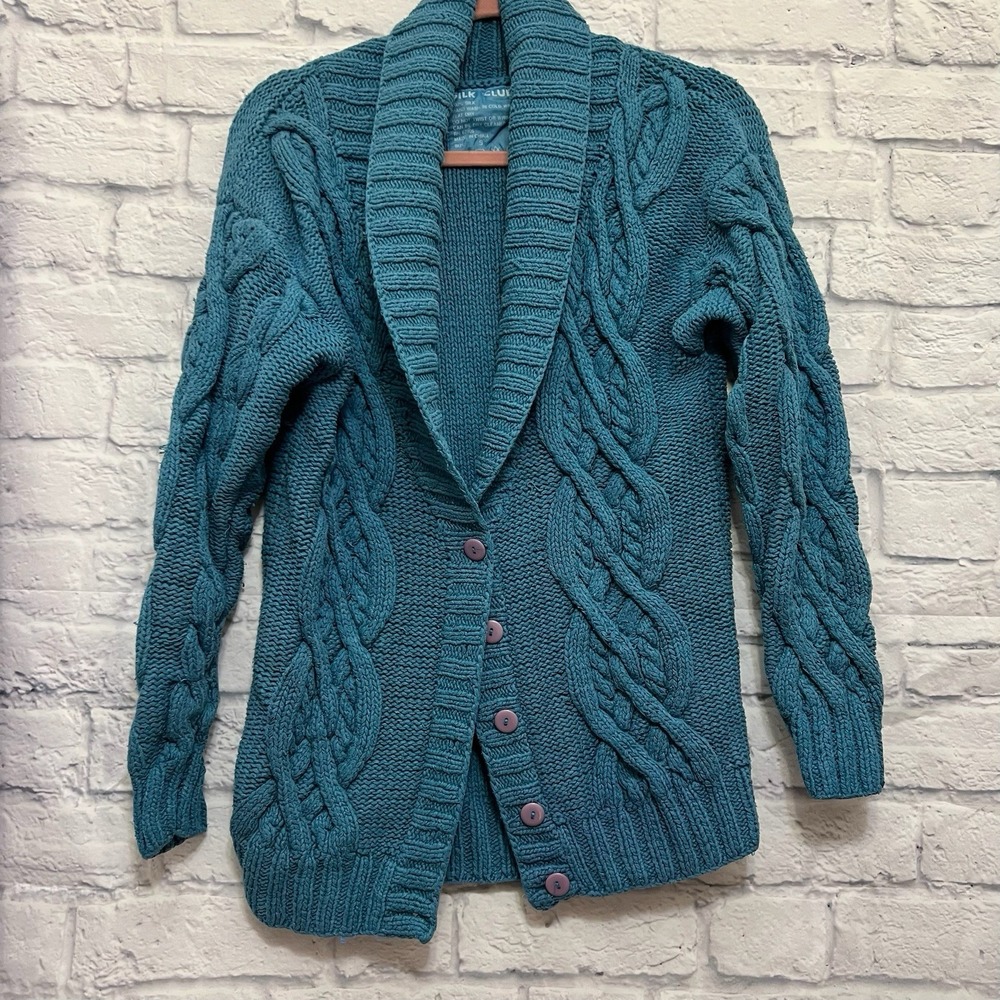 VTG Silk Club Chunky Cable Knit Cardigan Sweater Teal Size S Coastal Grandma